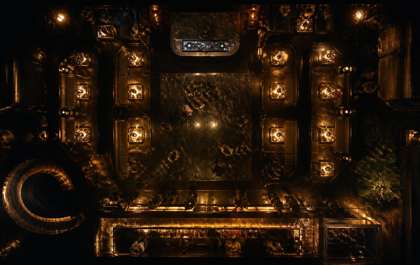 Overhead view of a luxury club floor with DJ booth, VIP tables, dance floor and bar